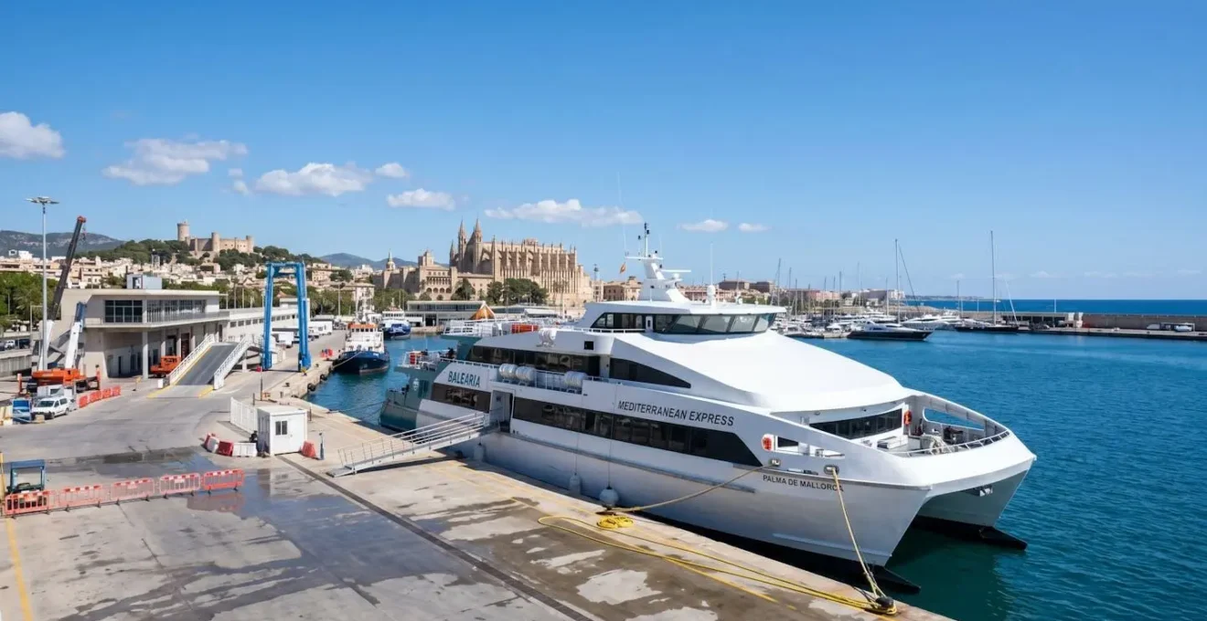 Eine moderne weiße Passagierfähre liegt an einem sonnigen Tag im Hafen von Palma de Mallorca vor blauem Himmel und ruhigem Meer