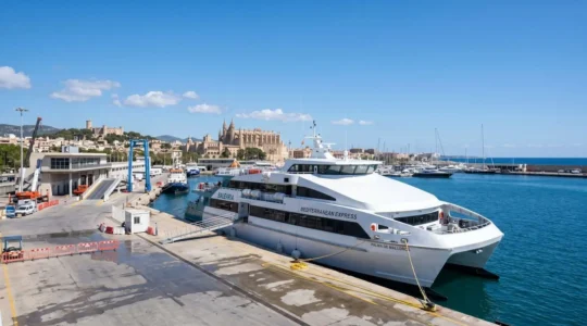 Eine moderne weiße Passagierfähre liegt an einem sonnigen Tag im Hafen von Palma de Mallorca vor blauem Himmel und ruhigem Meer