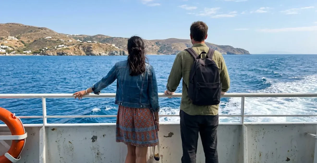 Zwei Passagiere von hinten auf dem Aussendeck einer Fähre, sie blicken entspannt aufs Mittelmeer, moderne Freizeitkleidung, sonniger Tag