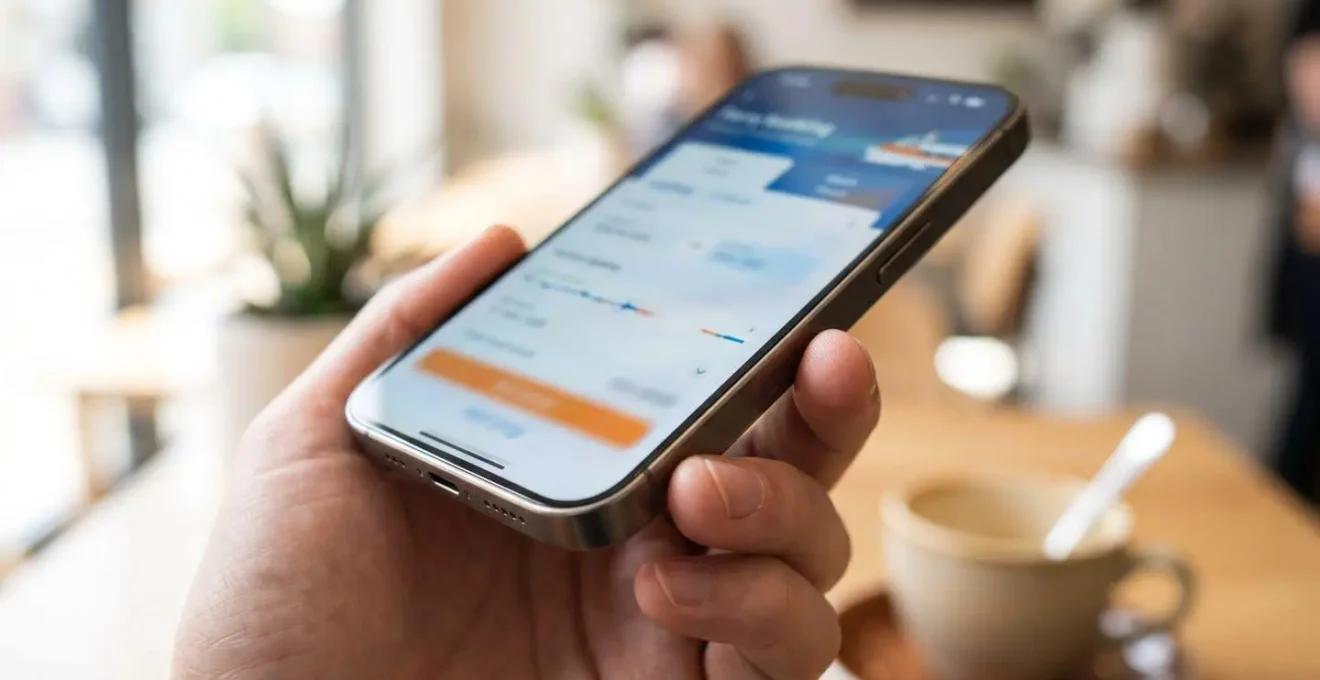 Nahaufnahme einer Hand, die ein Smartphone hält, auf dem eine unscharfe Buchungs-App für Fährtickets zu sehen ist, im Hintergrund ein verschwommenes Café