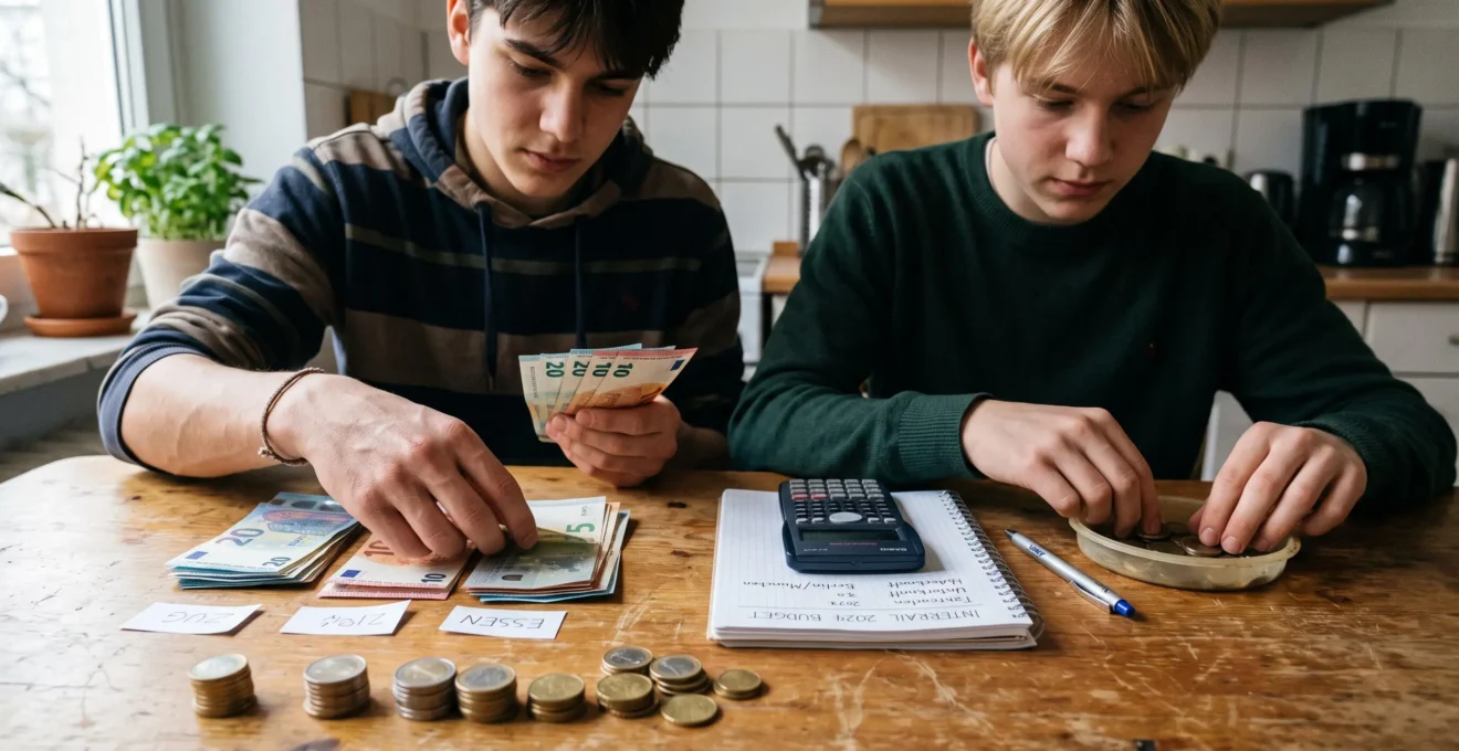 Zwei Teenager zählen am Küchentisch Bargeld für ihr Reisebudget.
