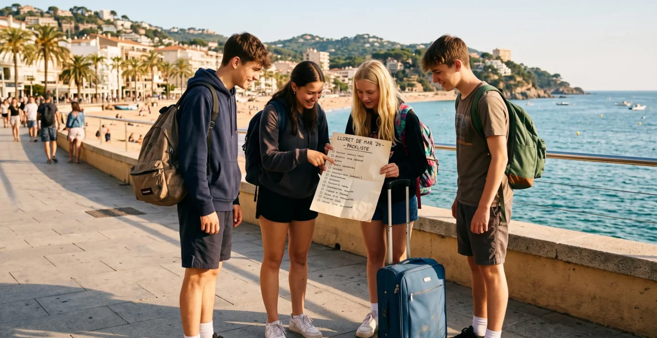 Vier Jugendliche mit Rucksäcken prüfen eine Reiseliste an der Küste von Lloret de Mar.